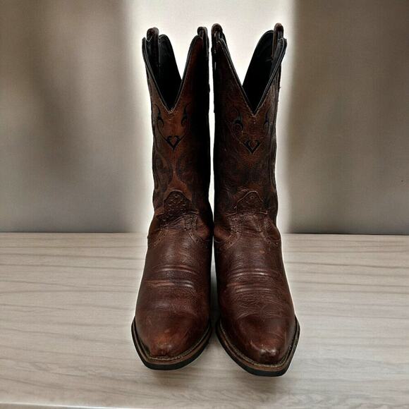 Justin Boots Girls 7 Brown Leather Western Cowboy Boots Pointed Toe Low Heel - Picture 6 of 11